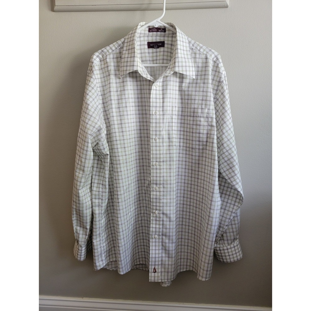 Nordstrom Men's Plaid Button Up 17.5 36 L/S Wrinkle Free Shirt Cotton Ivory